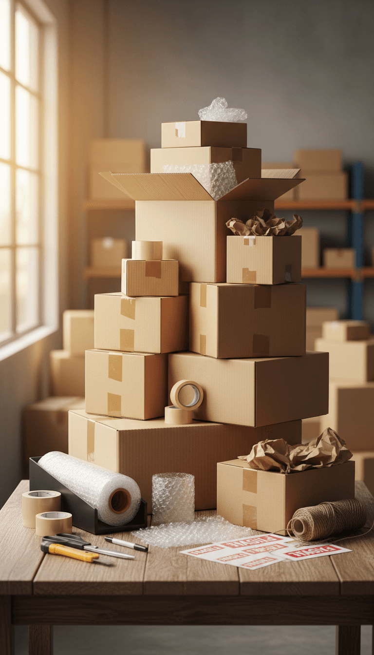 Pile de cartons d'expédition avec du matériel d'emballage