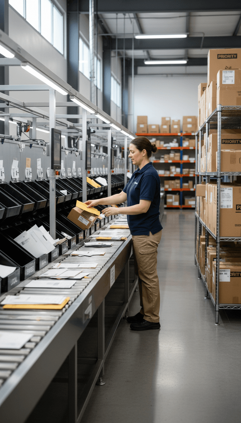 Personne triant des colis et des enveloppes dans une zone de distribution