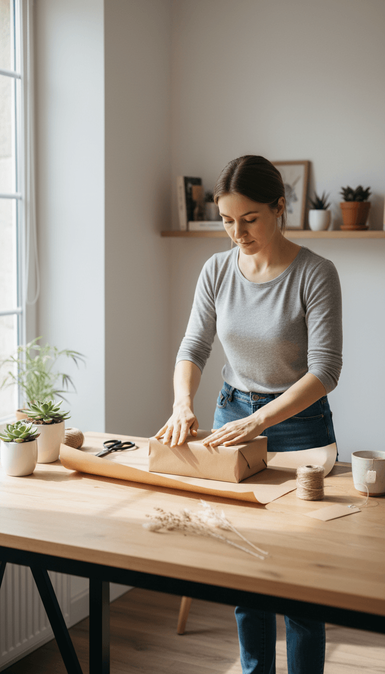 Femme emballant un colis avec du papier kraft sur une table propre