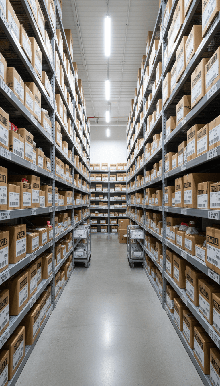 Étagères organisées avec des colis étiquetés et des cartons
