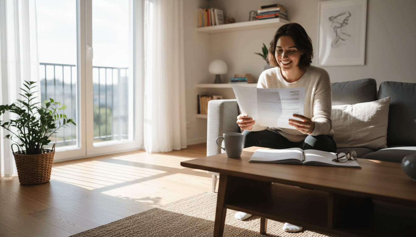 Candidate lisant une offre d'emploi chez elle avec lumière naturelle