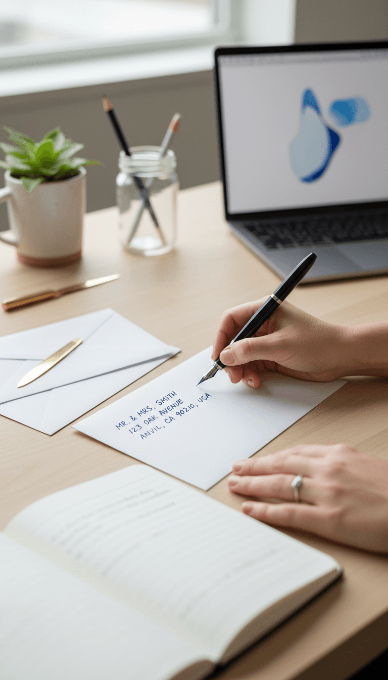 Personne écrivant une adresse sur une enveloppe à un bureau organisé