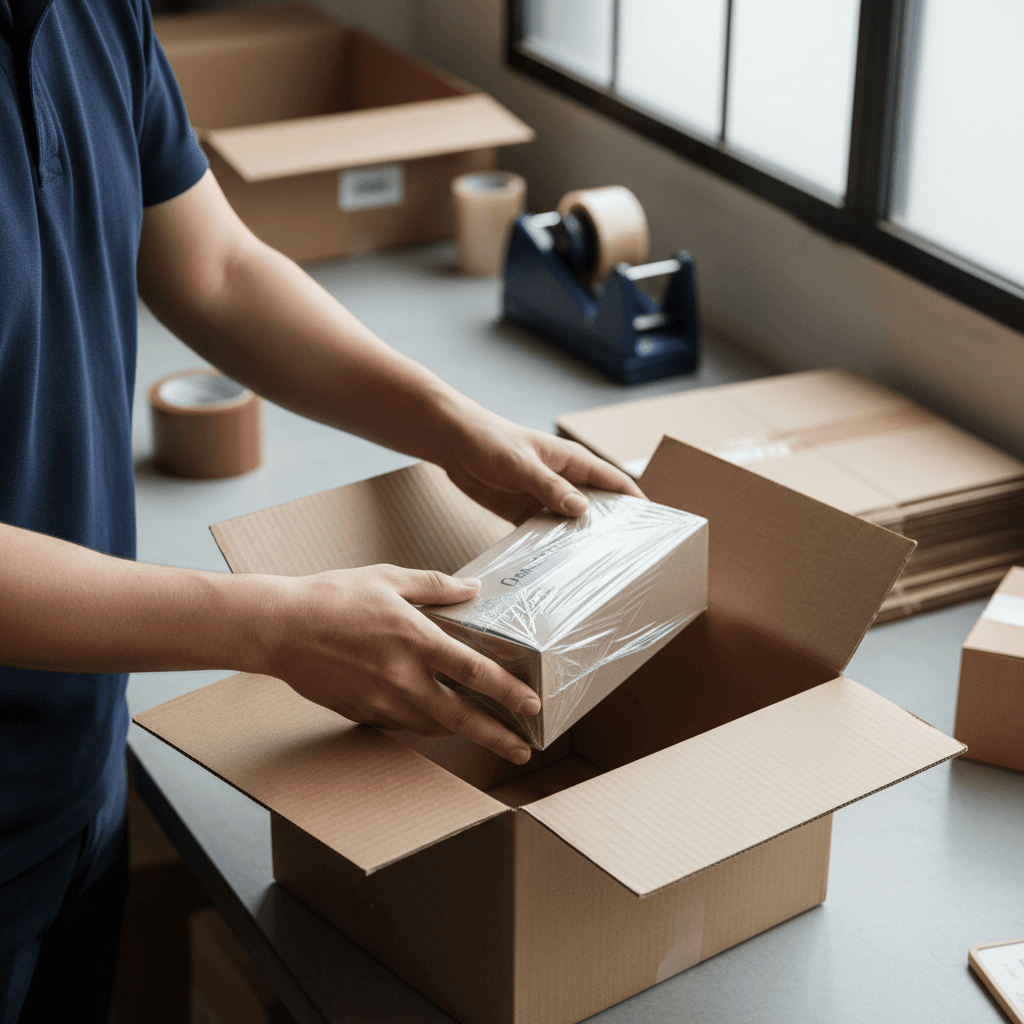 Fulfillment worker's hands carefully packing a product into cardboard box at organized packing station